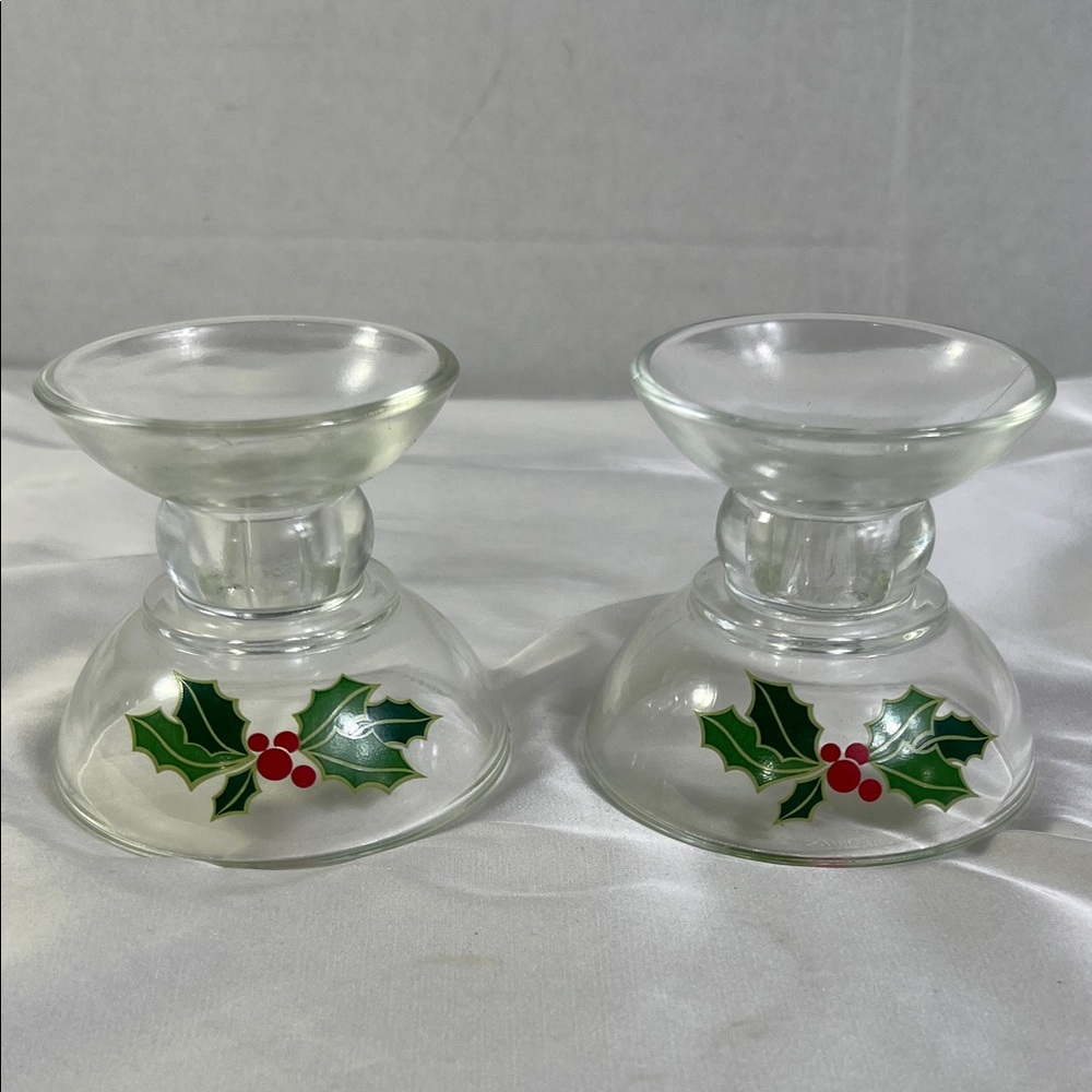 Vintage Avon 1981 Festive Glass Candle Holders Holly Christmas Nostalgia‎ Granny